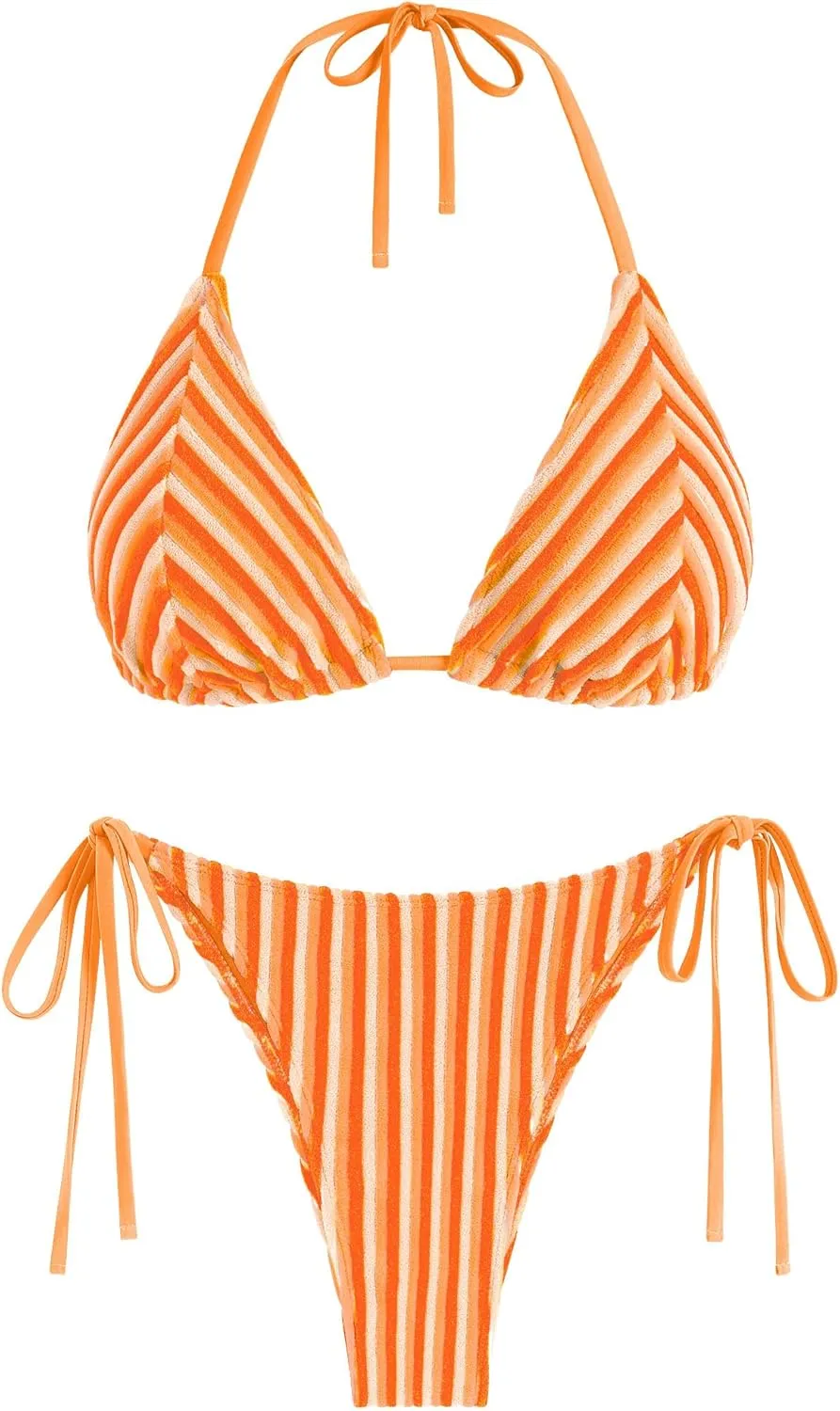 ZAFUL Women's Colorful Stripes Halter Flocking Textured Triangle Tie Side String Bikini Set High Cut Two Piece Bathing Suit