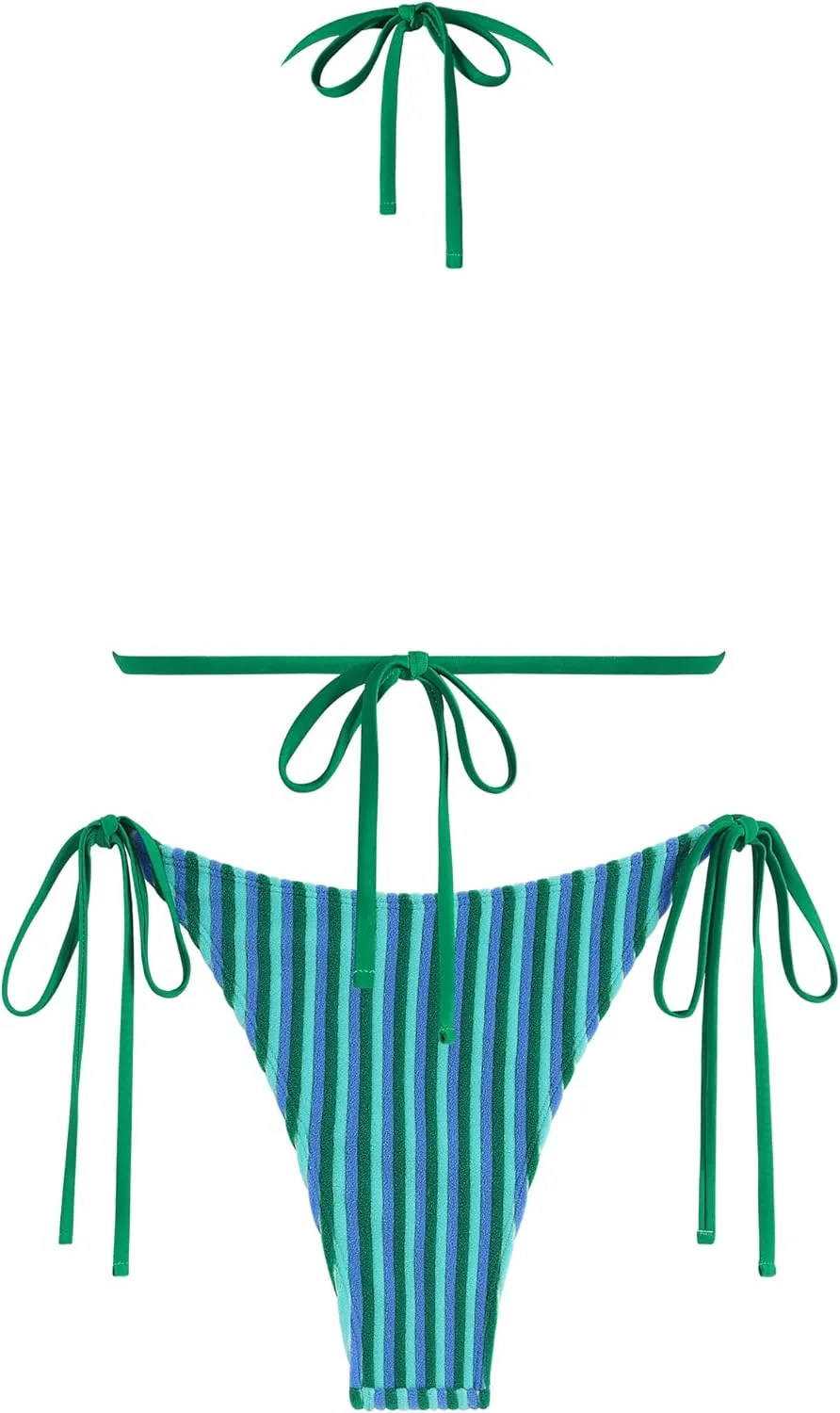 ZAFUL Women's Colorful Stripes Halter Flocking Textured Triangle Tie Side String Bikini Set High Cut Two Piece Bathing Suit