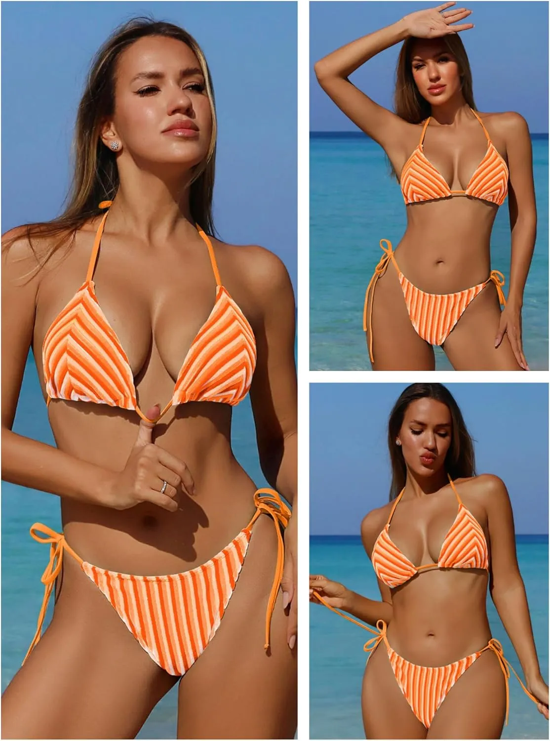 ZAFUL Women's Colorful Stripes Halter Flocking Textured Triangle Tie Side String Bikini Set High Cut Two Piece Bathing Suit