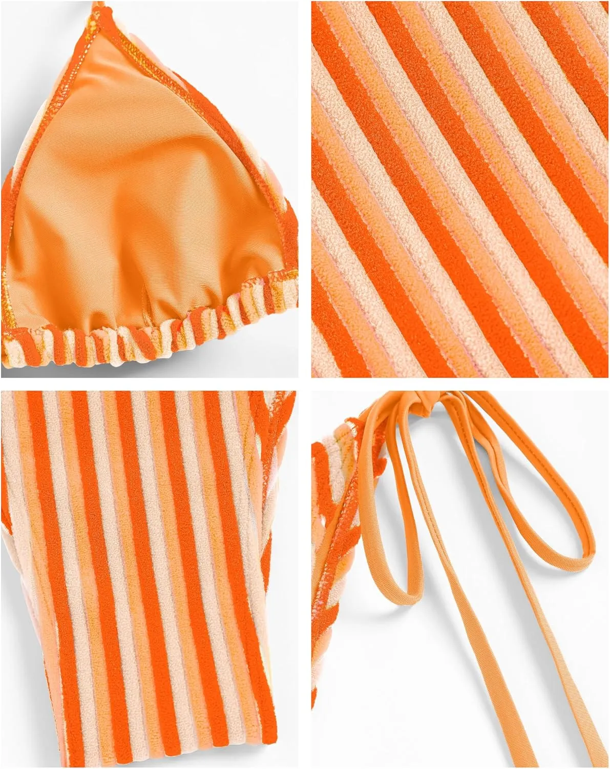 ZAFUL Women's Colorful Stripes Halter Flocking Textured Triangle Tie Side String Bikini Set High Cut Two Piece Bathing Suit