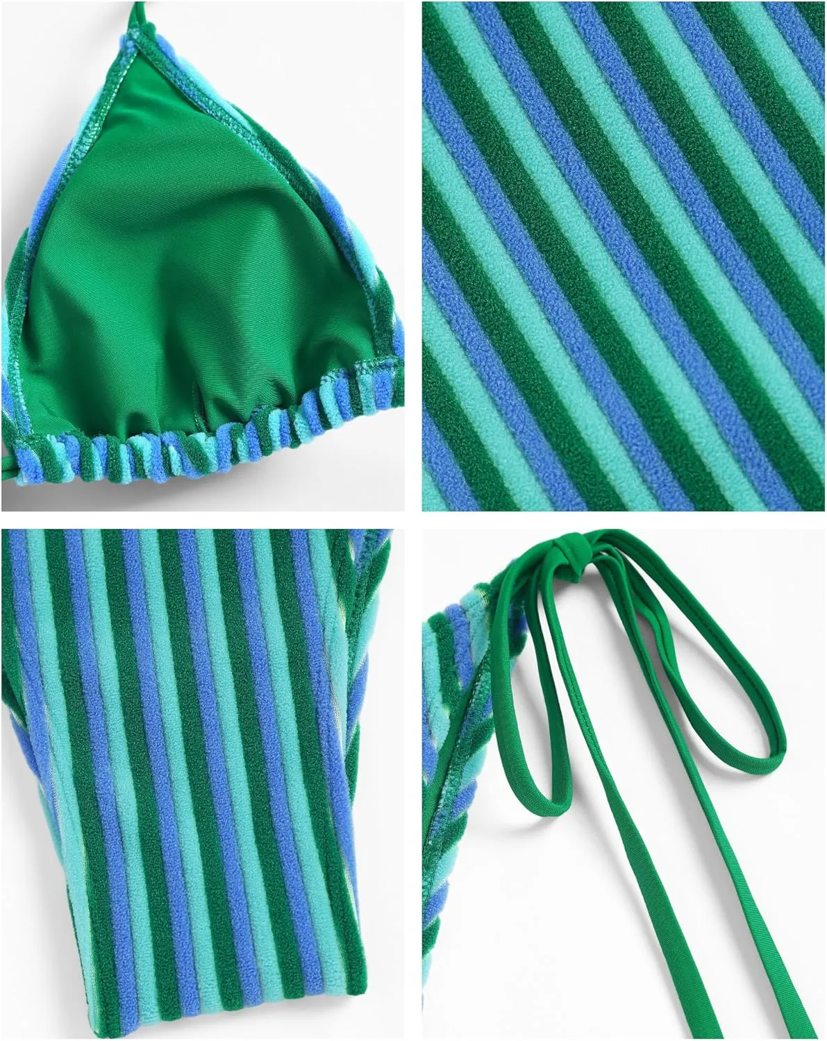 ZAFUL Women's Colorful Stripes Halter Flocking Textured Triangle Tie Side String Bikini Set High Cut Two Piece Bathing Suit