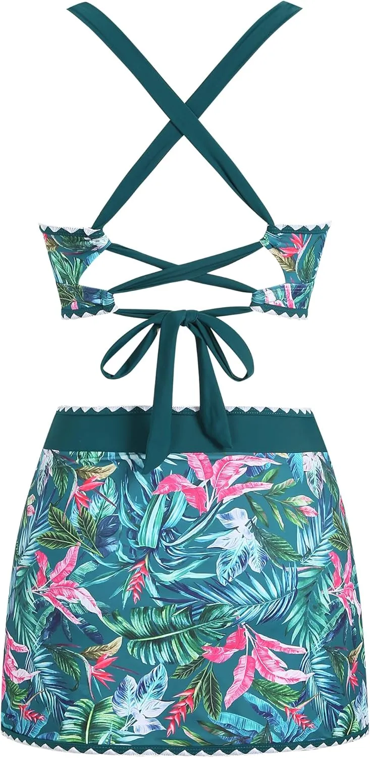 ZAFUL Women's High Waisted Bikini with Skirt Whip Stitch 2 Piece Swimsuits Tummy Control Bathing Suit