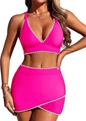 ZAFUL Women's High Waisted Bikini with Skirt Whip Stitch 2 Piece Swimsuits Tummy Control Bathing Suit