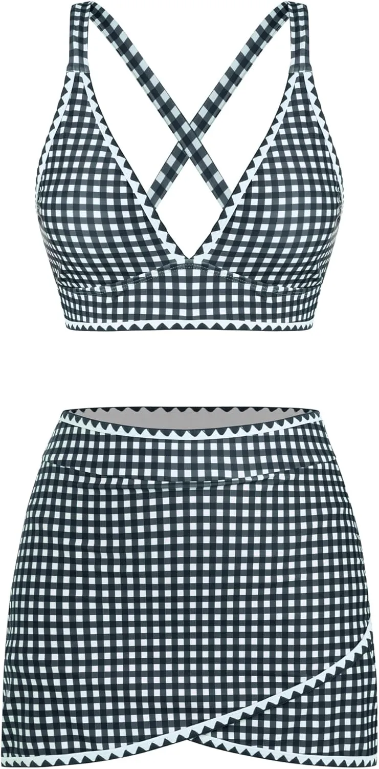 ZAFUL Women's High Waisted Bikini with Skirt Whip Stitch 2 Piece Swimsuits Tummy Control Bathing Suit