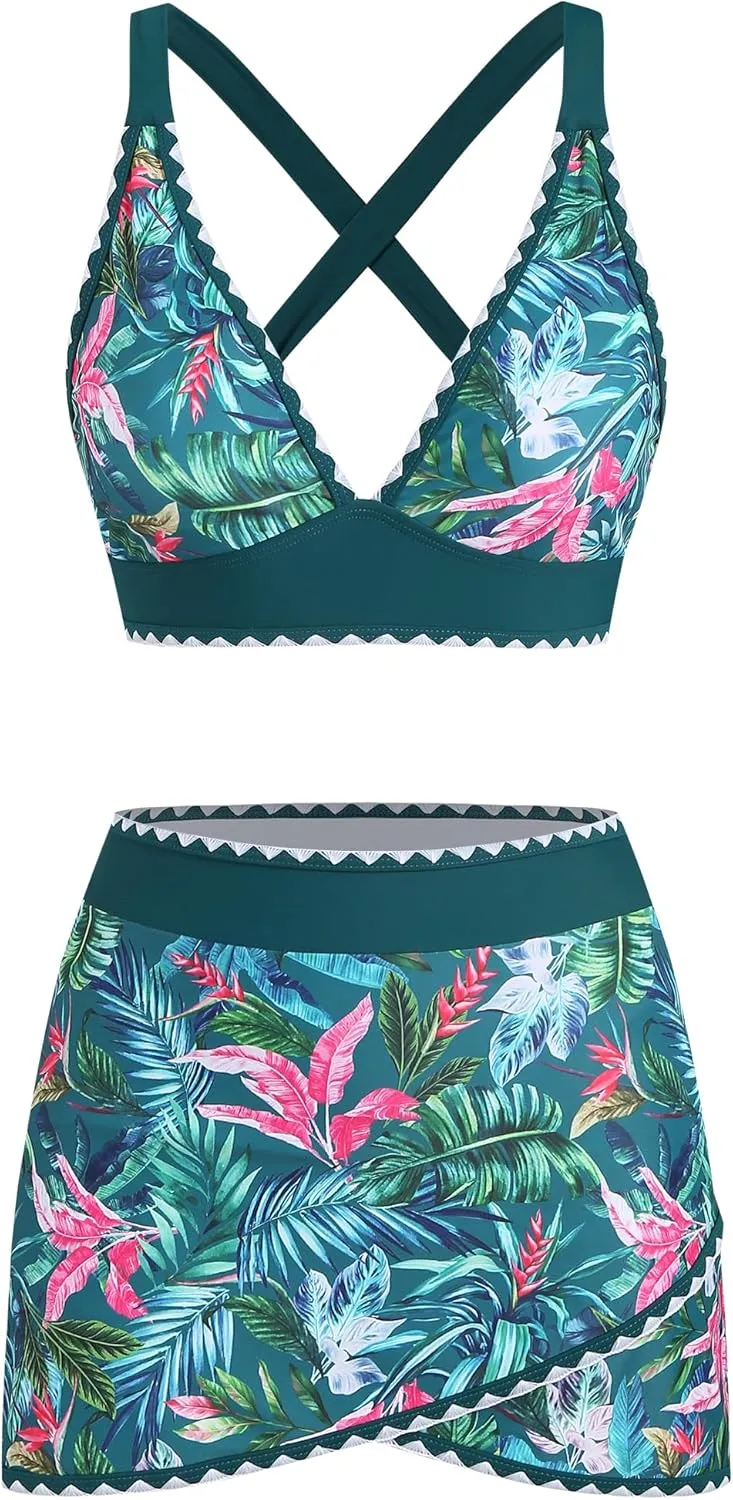 ZAFUL Women's High Waisted Bikini with Skirt Whip Stitch 2 Piece Swimsuits Tummy Control Bathing Suit
