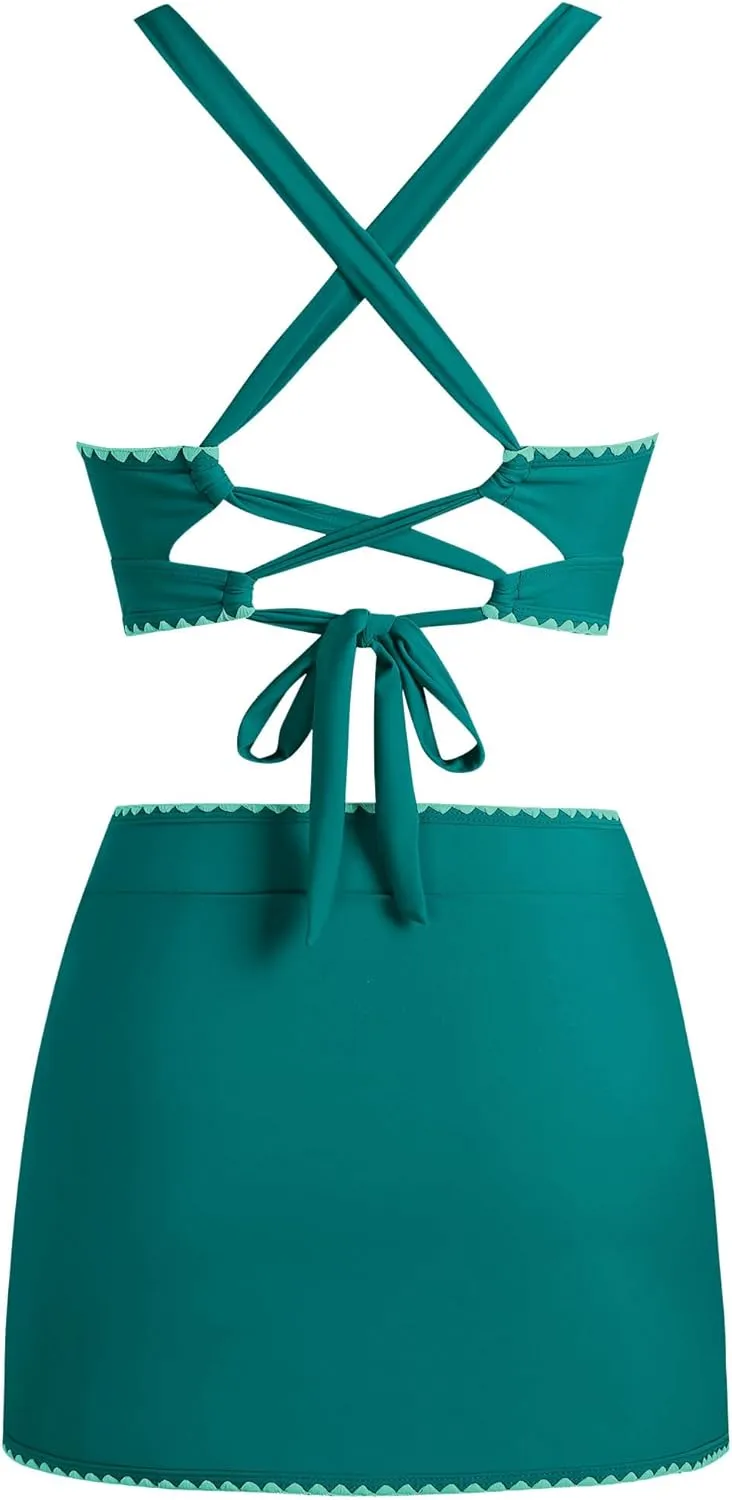 ZAFUL Women's High Waisted Bikini with Skirt Whip Stitch 2 Piece Swimsuits Tummy Control Bathing Suit