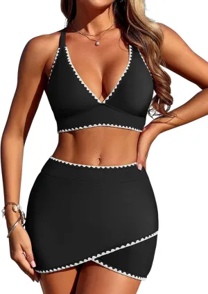ZAFUL Women's High Waisted Bikini with Skirt Whip Stitch 2 Piece Swimsuits Tummy Control Bathing Suit