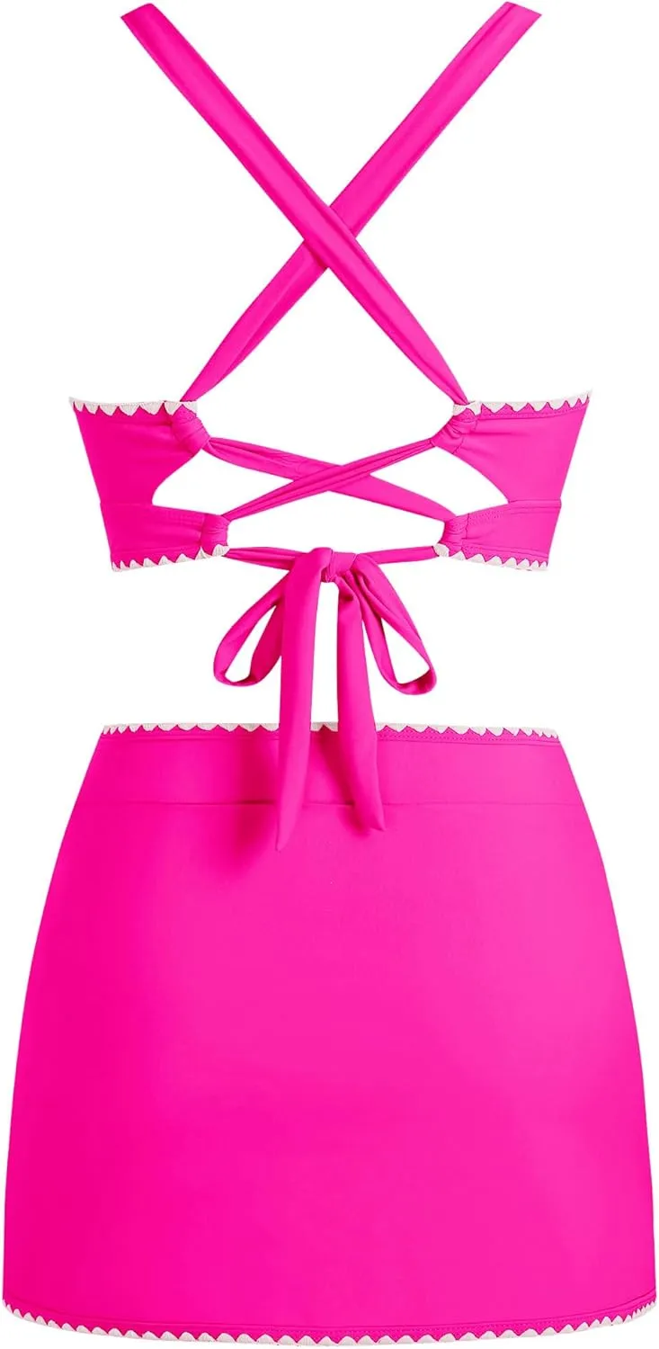 ZAFUL Women's High Waisted Bikini with Skirt Whip Stitch 2 Piece Swimsuits Tummy Control Bathing Suit