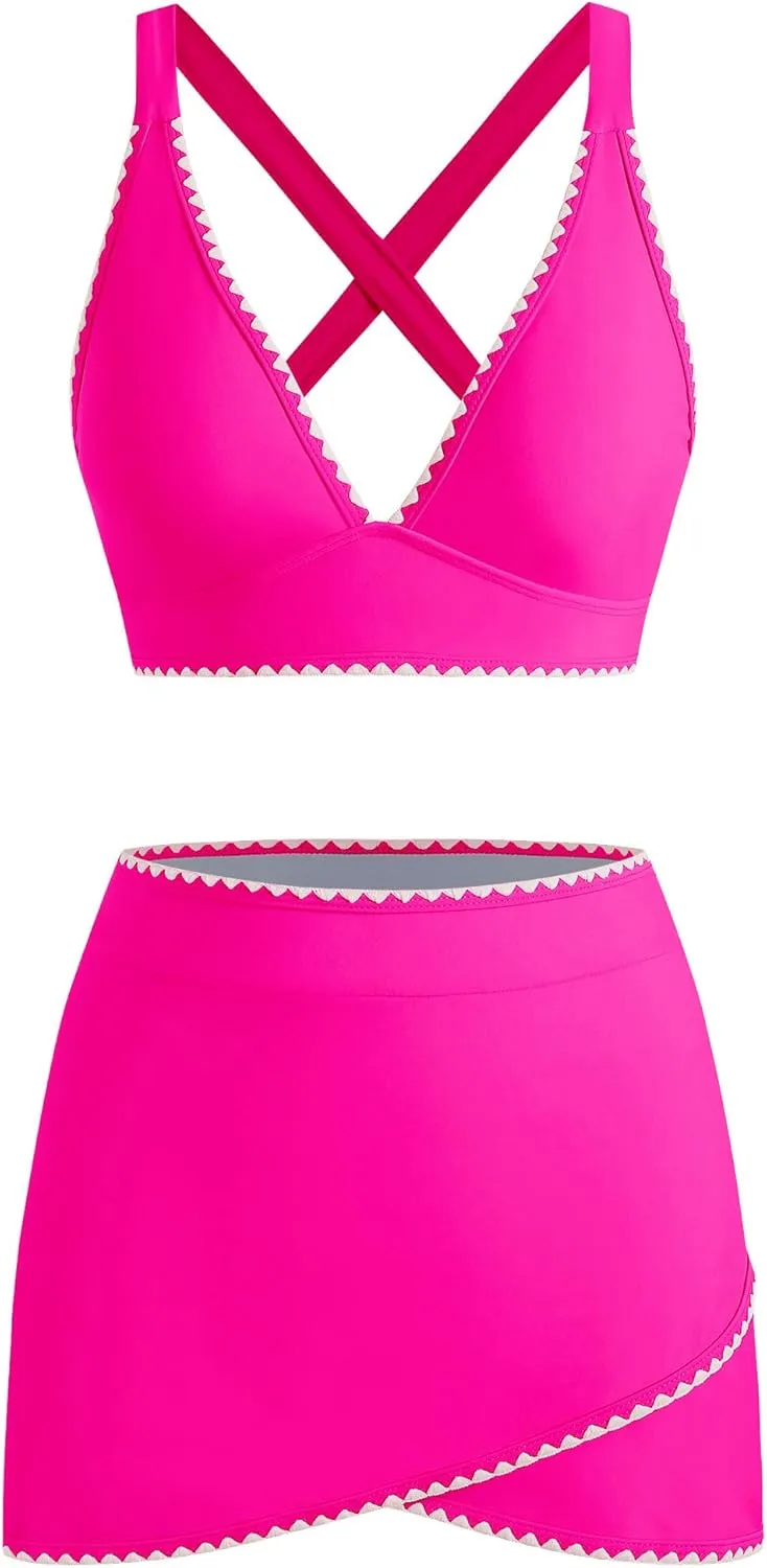 ZAFUL Women's High Waisted Bikini with Skirt Whip Stitch 2 Piece Swimsuits Tummy Control Bathing Suit