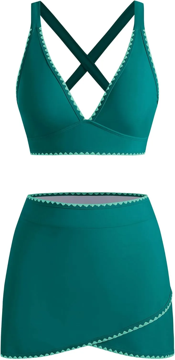 ZAFUL Women's High Waisted Bikini with Skirt Whip Stitch 2 Piece Swimsuits Tummy Control Bathing Suit