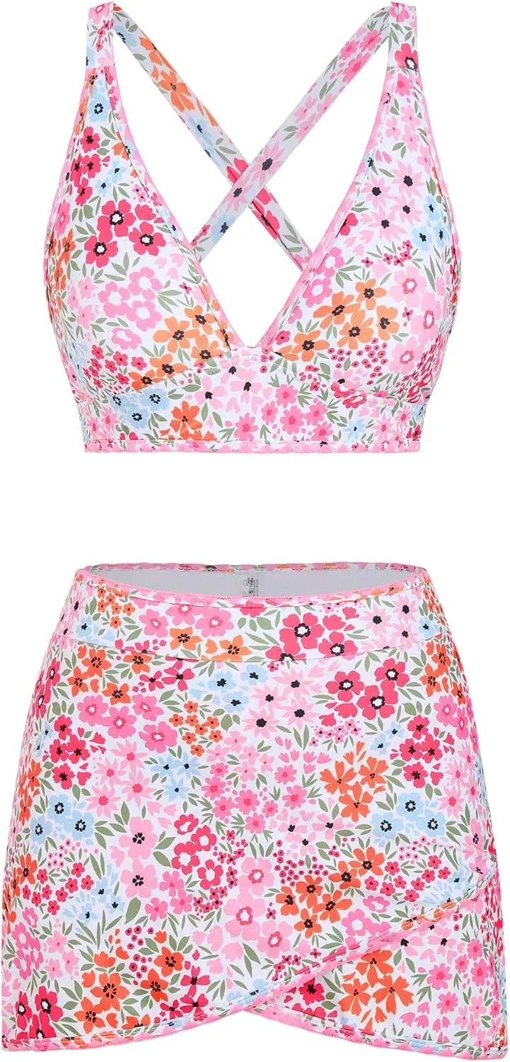 ZAFUL Women's High Waisted Bikini with Skirt Whip Stitch 2 Piece Swimsuits Tummy Control Bathing Suit