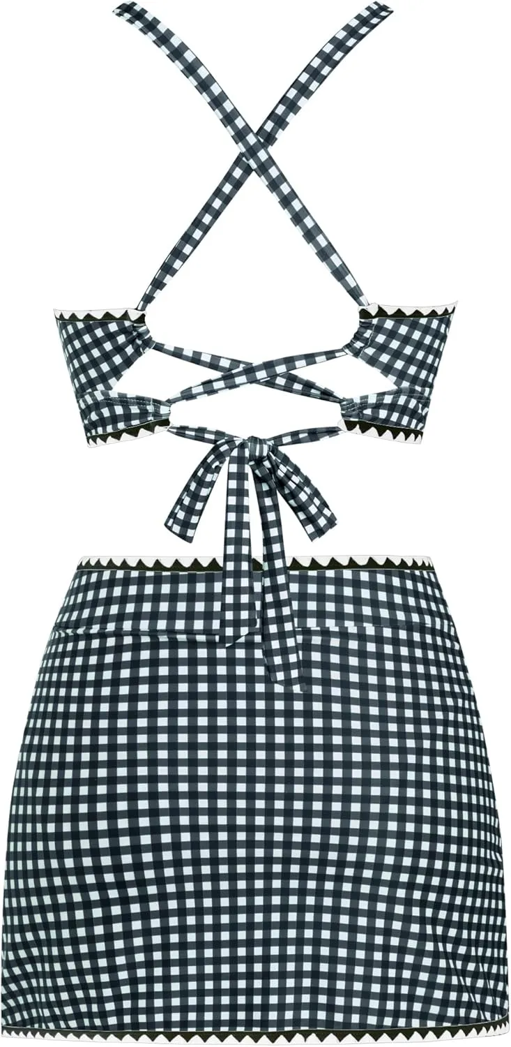 ZAFUL Women's High Waisted Bikini with Skirt Whip Stitch 2 Piece Swimsuits Tummy Control Bathing Suit