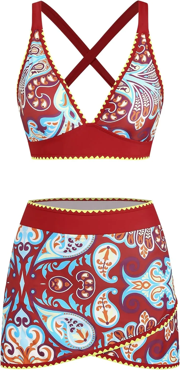 ZAFUL Women's High Waisted Bikini with Skirt Whip Stitch 2 Piece Swimsuits Tummy Control Bathing Suit