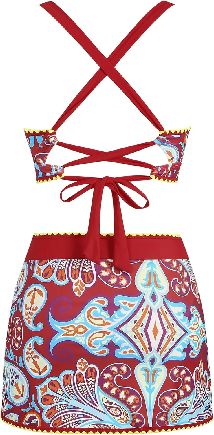 ZAFUL Women's High Waisted Bikini with Skirt Whip Stitch 2 Piece Swimsuits Tummy Control Bathing Suit