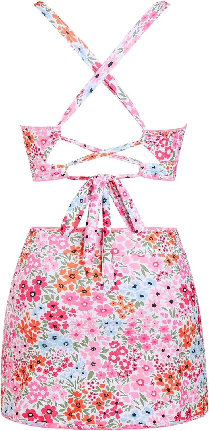 ZAFUL Women's High Waisted Bikini with Skirt Whip Stitch 2 Piece Swimsuits Tummy Control Bathing Suit