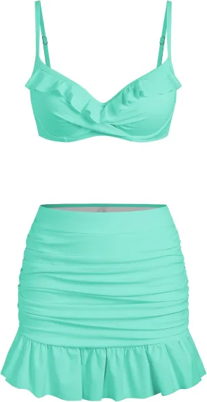 ZAFUL Women's Push Up Bikini with Ruched Skirt Ruffle Trim Low Waisted 2 Piece Swimsuit Bathing Suit