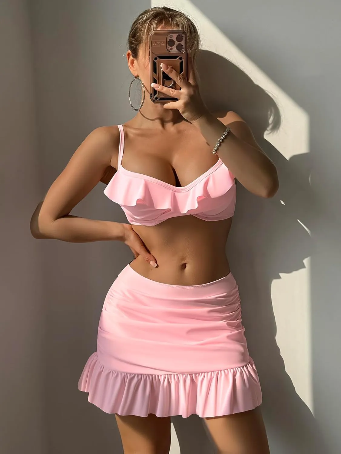 ZAFUL Women's Push Up Bikini with Ruched Skirt Ruffle Trim Low Waisted 2 Piece Swimsuit Bathing Suit