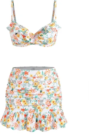 ZAFUL Women's Push Up Bikini with Ruched Skirt Ruffle Trim Low Waisted 2 Piece Swimsuit Bathing Suit