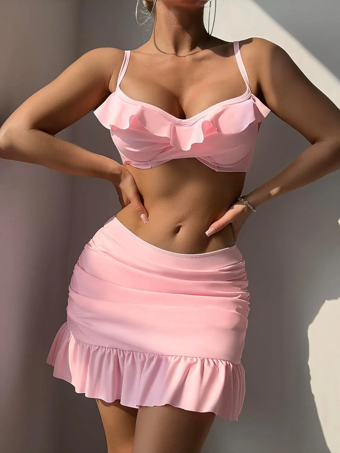 ZAFUL Women's Push Up Bikini with Ruched Skirt Ruffle Trim Low Waisted 2 Piece Swimsuit Bathing Suit