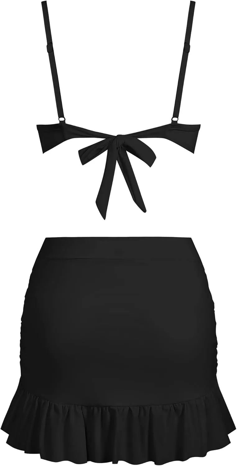 ZAFUL Women's Push Up Bikini with Ruched Skirt Ruffle Trim Low Waisted 2 Piece Swimsuit Bathing Suit