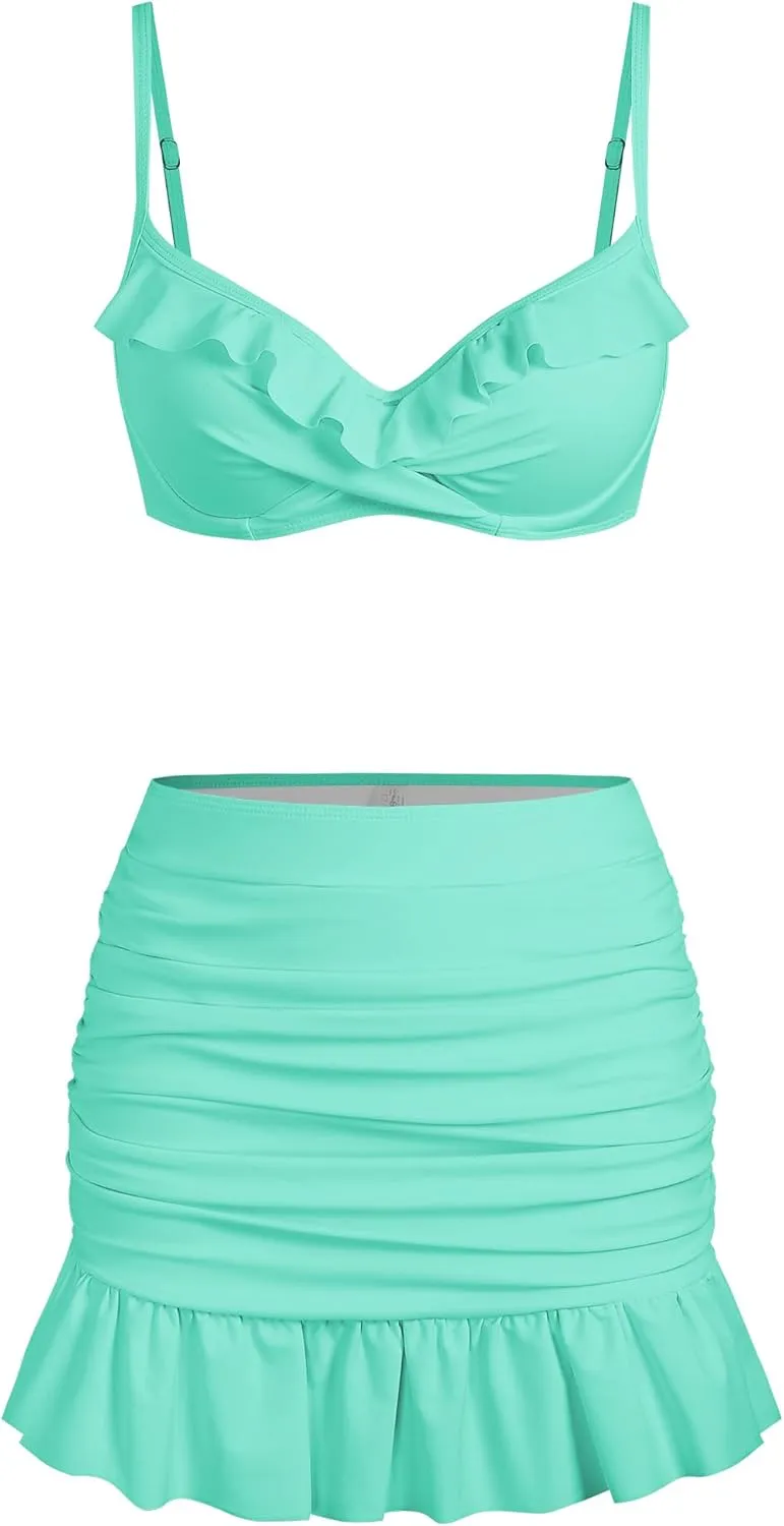 ZAFUL Women's Push Up Bikini with Ruched Skirt Ruffle Trim Low Waisted 2 Piece Swimsuit Bathing Suit