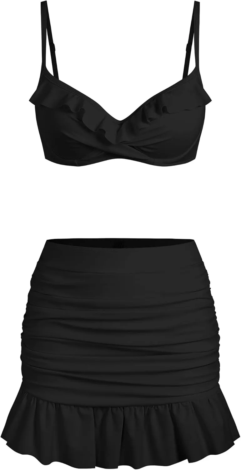 ZAFUL Women's Push Up Bikini with Ruched Skirt Ruffle Trim Low Waisted 2 Piece Swimsuit Bathing Suit