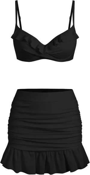 ZAFUL Women's Push Up Bikini with Ruched Skirt Ruffle Trim Low Waisted 2 Piece Swimsuit Bathing Suit