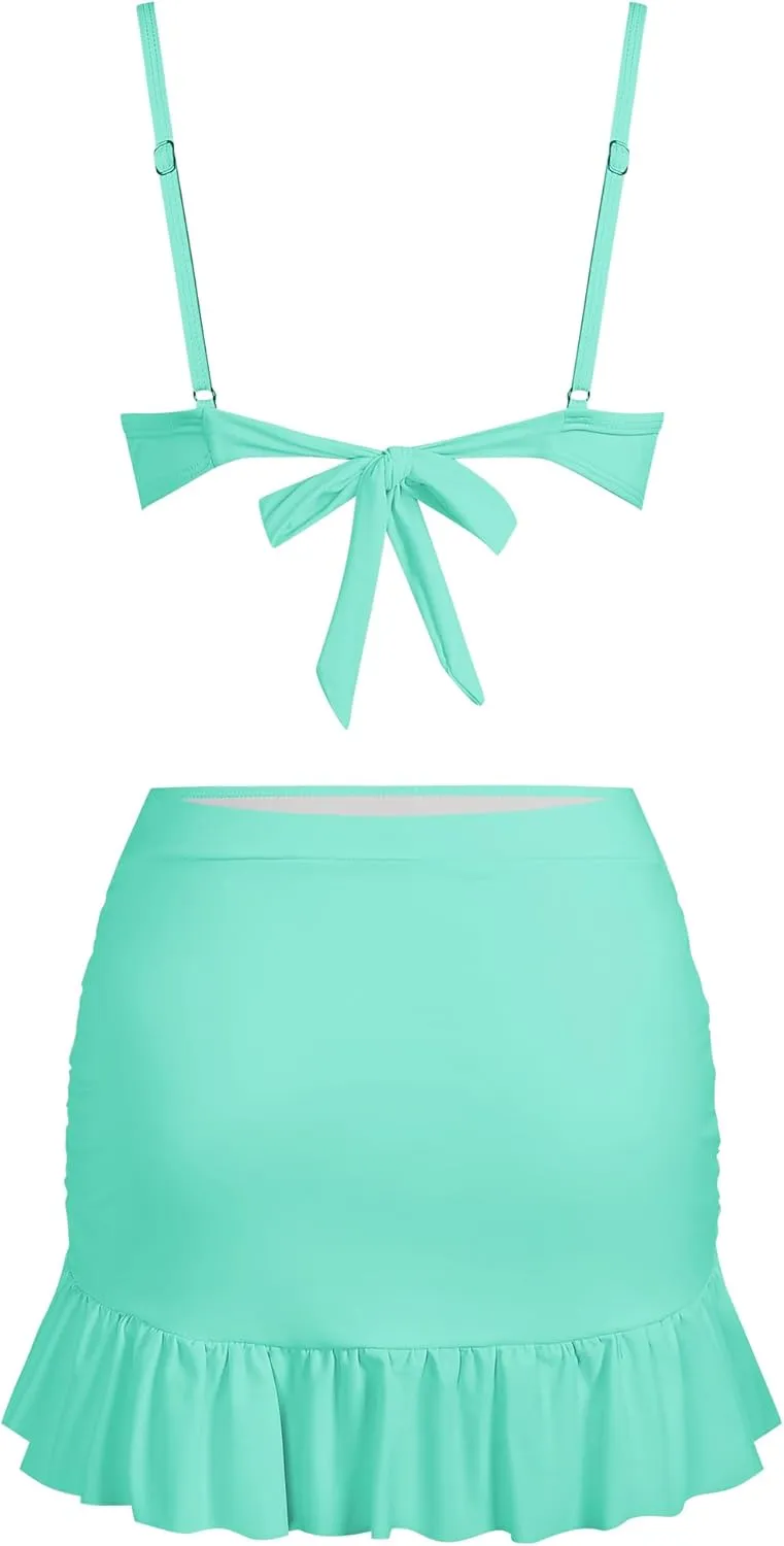 ZAFUL Women's Push Up Bikini with Ruched Skirt Ruffle Trim Low Waisted 2 Piece Swimsuit Bathing Suit