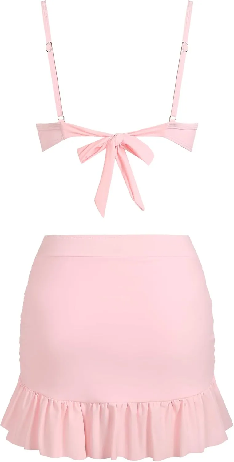ZAFUL Women's Push Up Bikini with Ruched Skirt Ruffle Trim Low Waisted 2 Piece Swimsuit Bathing Suit
