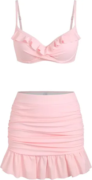 ZAFUL Women's Push Up Bikini with Ruched Skirt Ruffle Trim Low Waisted 2 Piece Swimsuit Bathing Suit