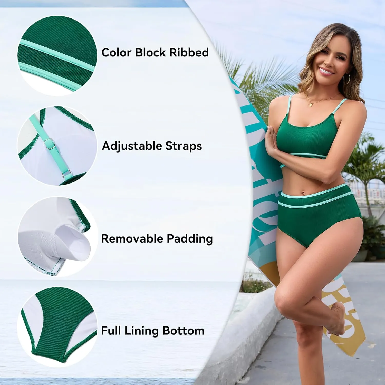 Zando High Waisted Swim Suits for Women 2025 Ribbed Swimsuit 2 Piece Color Block Sporty Bikini Sets Modest Bathing Suit