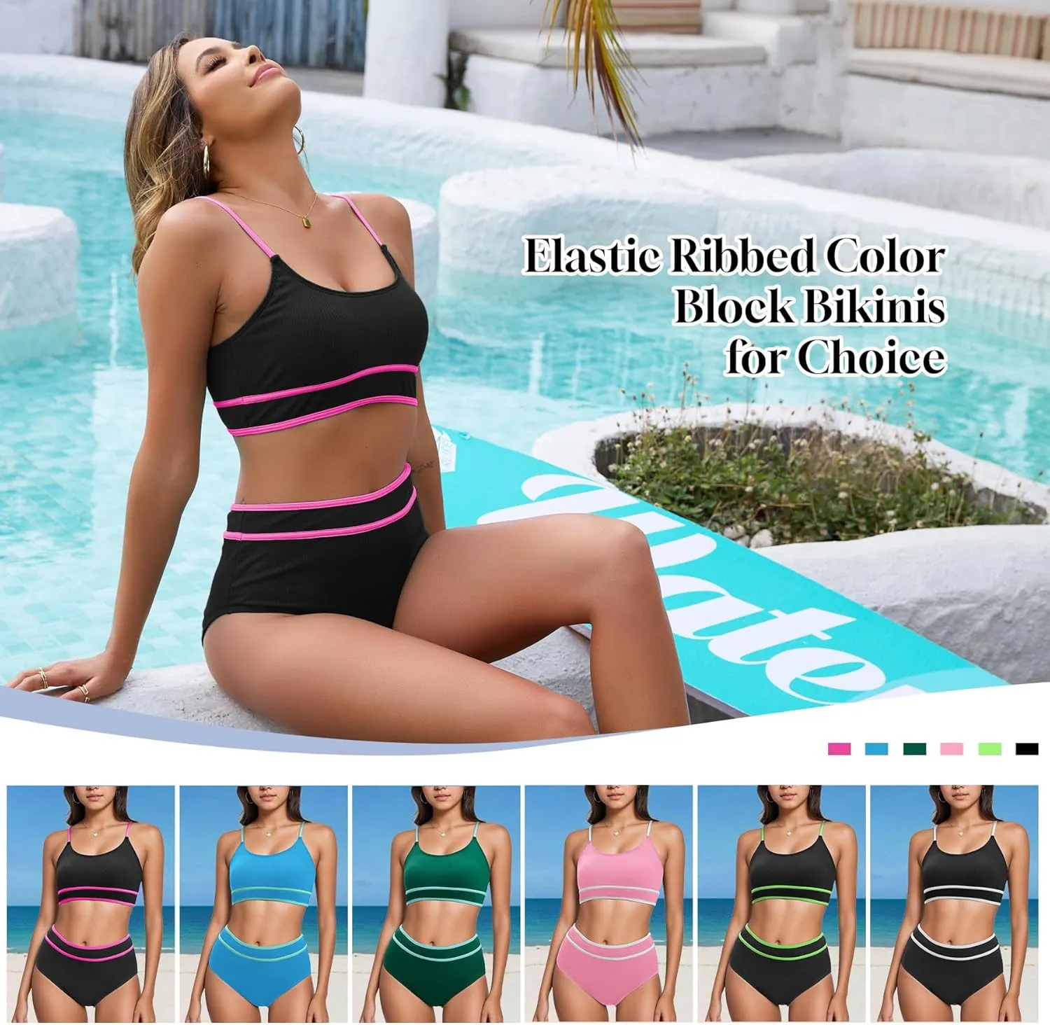 Zando High Waisted Swim Suits for Women 2025 Ribbed Swimsuit 2 Piece Color Block Sporty Bikini Sets Modest Bathing Suit