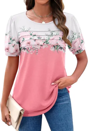 Zeagoo Womens Short Sleeve Tops Floral Boho Shirts Pleated Crewneck Summer Outfit Puff Sleeve Blouses Casual Tunic