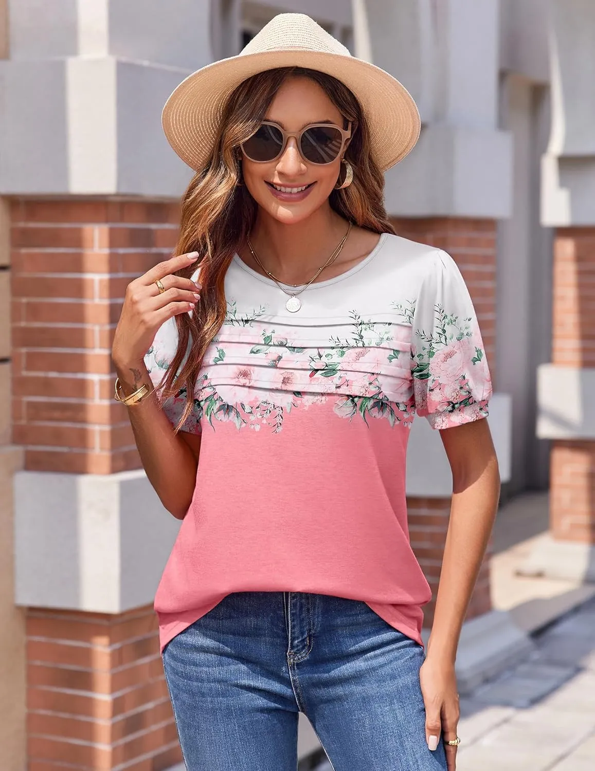 Zeagoo Womens Short Sleeve Tops Floral Boho Shirts Pleated Crewneck Summer Outfit Puff Sleeve Blouses Casual Tunic