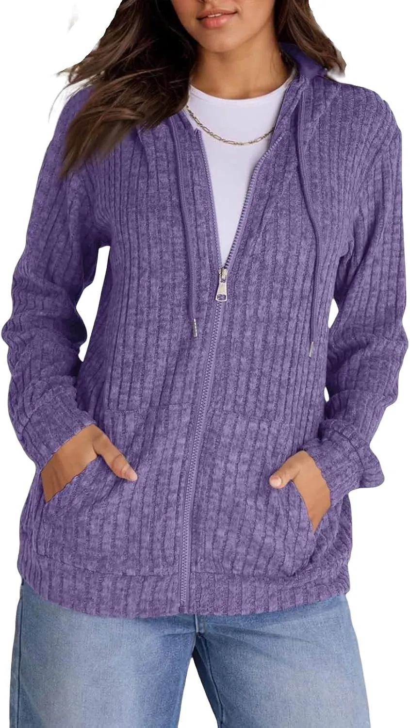 Zip Up Hoodie Women Lightweight Ribbed Knit Sweater Hoodie Cozy Long Sleeve Sweater Tops Fall Sweater with Pocket