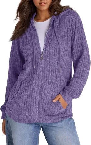 Zip Up Hoodie Women Lightweight Ribbed Knit Sweater Hoodie Cozy Long Sleeve Sweater Tops Fall Sweater with Pocket