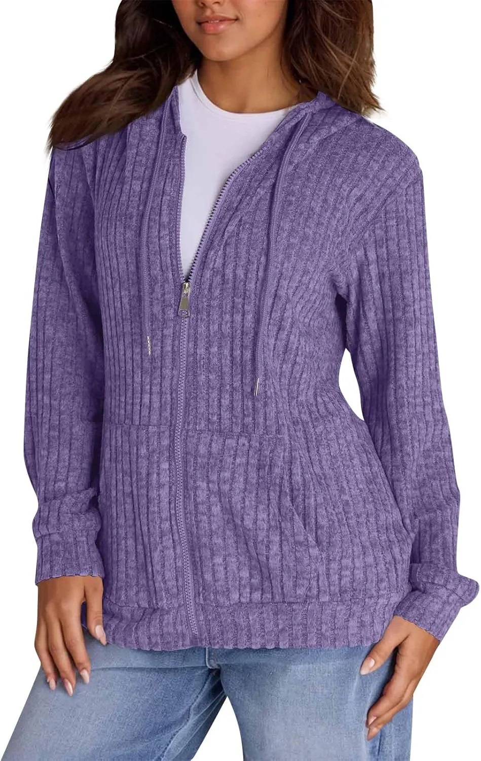 Zip Up Hoodie Women Lightweight Ribbed Knit Sweater Hoodie Cozy Long Sleeve Sweater Tops Fall Sweater with Pocket