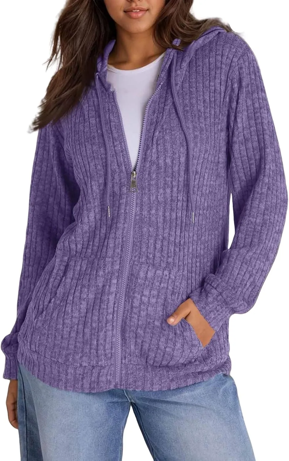 Zip Up Hoodie Women Lightweight Ribbed Knit Sweater Hoodie Cozy Long Sleeve Sweater Tops Fall Sweater with Pocket