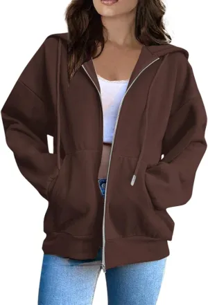 Zip Up Hoodies for Women Fashion Solid Color Outdoor Casual Sports Loose Comfortable Long Sleeve Hooded Jacket