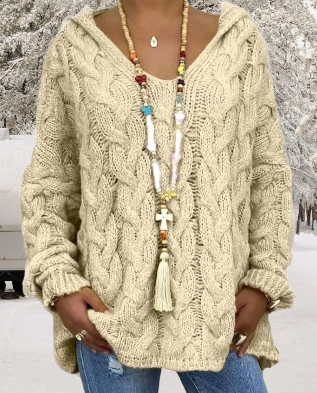 ZOCANIA Women's Oversized Chunky Cable Knit Pullover Sweaters Hooded V Neck Long Sleeve Loose Fit Sweater Hoodie for Fall