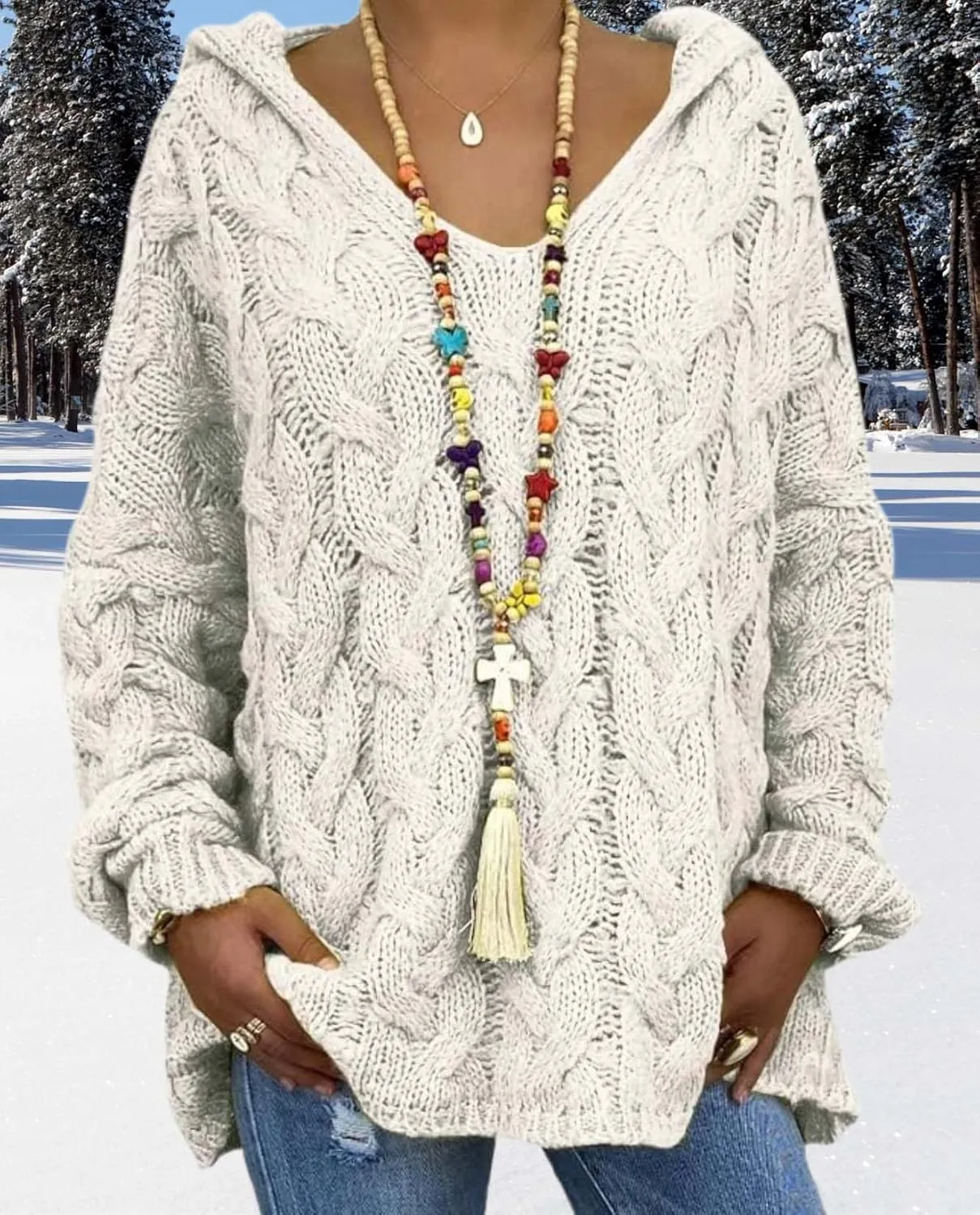 ZOCANIA Women's Oversized Chunky Cable Knit Pullover Sweaters Hooded V Neck Long Sleeve Loose Fit Sweater Hoodie for Fall