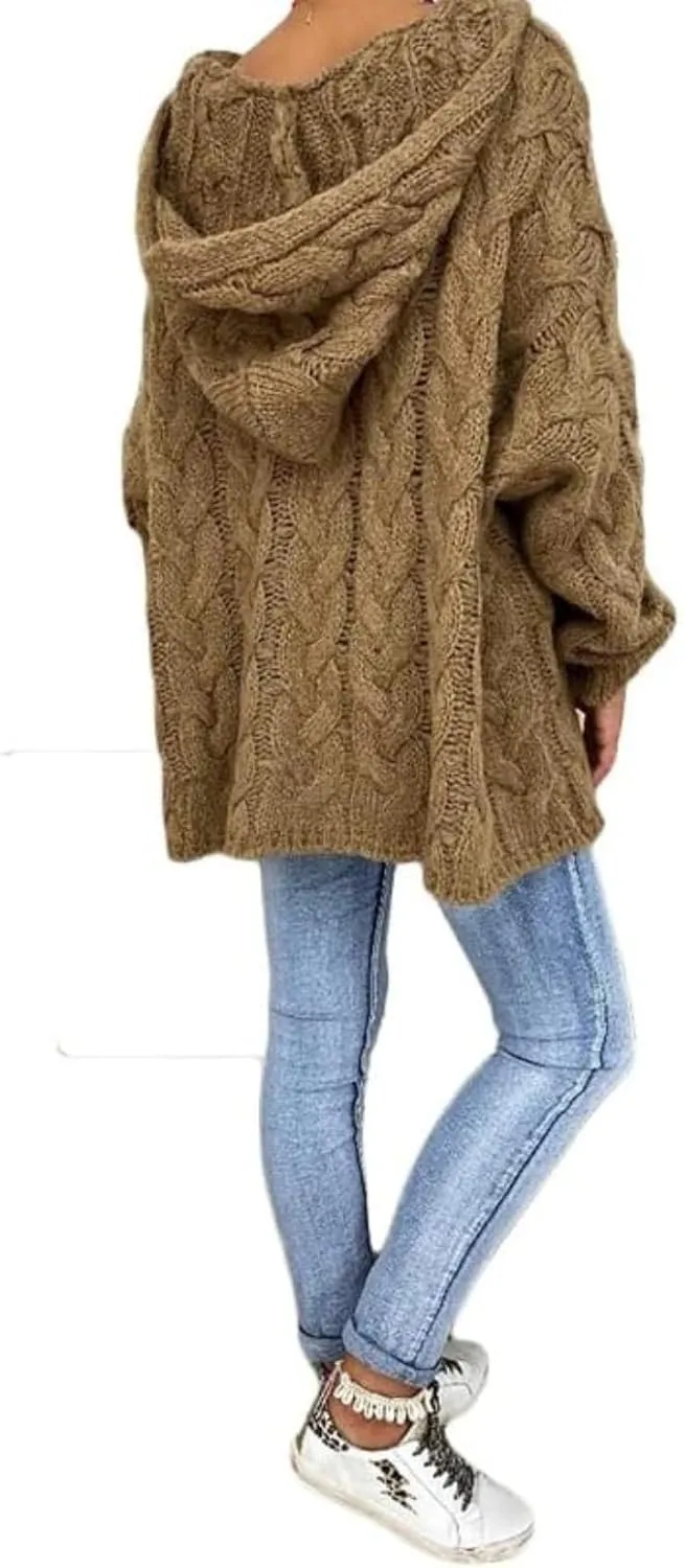 ZOCANIA Women's Oversized Chunky Cable Knit Pullover Sweaters Hooded V Neck Long Sleeve Loose Fit Sweater Hoodie for Fall