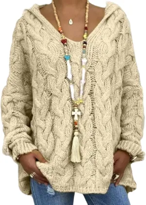 ZOCANIA Women's Oversized Chunky Cable Knit Pullover Sweaters Hooded V Neck Long Sleeve Loose Fit Sweater Hoodie for Fall