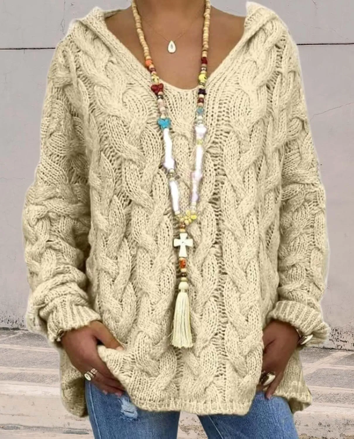 ZOCANIA Women's Oversized Chunky Cable Knit Pullover Sweaters Hooded V Neck Long Sleeve Loose Fit Sweater Hoodie for Fall