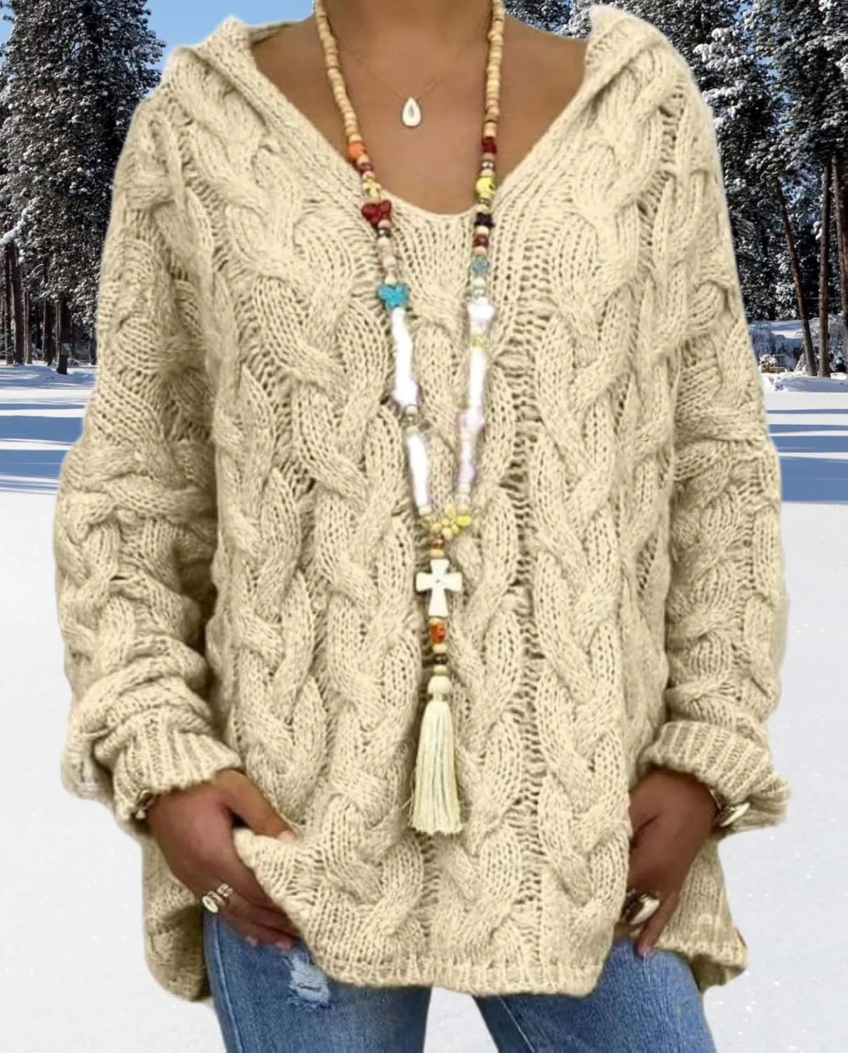 ZOCANIA Women's Oversized Chunky Cable Knit Pullover Sweaters Hooded V Neck Long Sleeve Loose Fit Sweater Hoodie for Fall