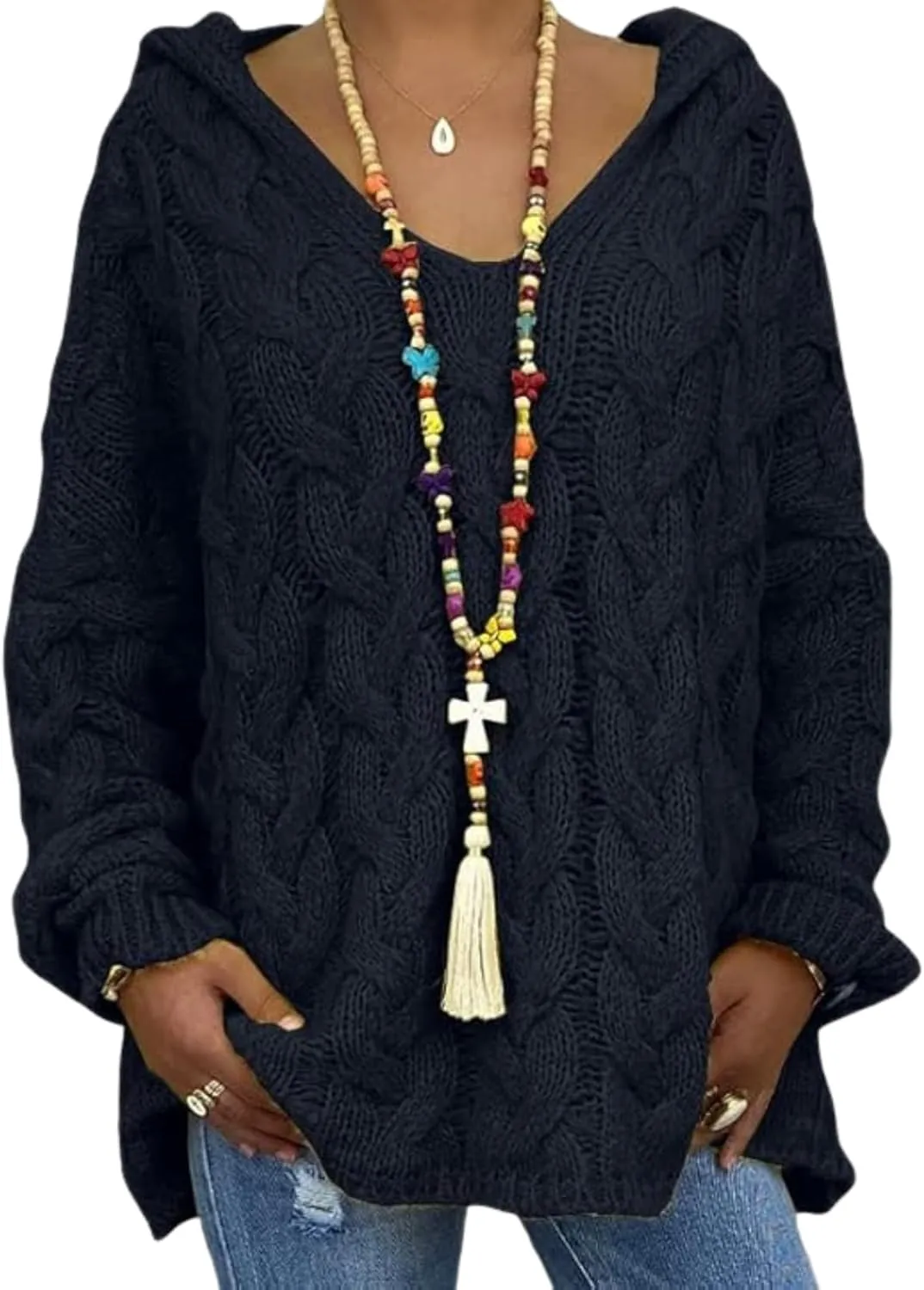 ZOCANIA Women's Oversized Chunky Cable Knit Pullover Sweaters Hooded V Neck Long Sleeve Loose Fit Sweater Hoodie for Fall