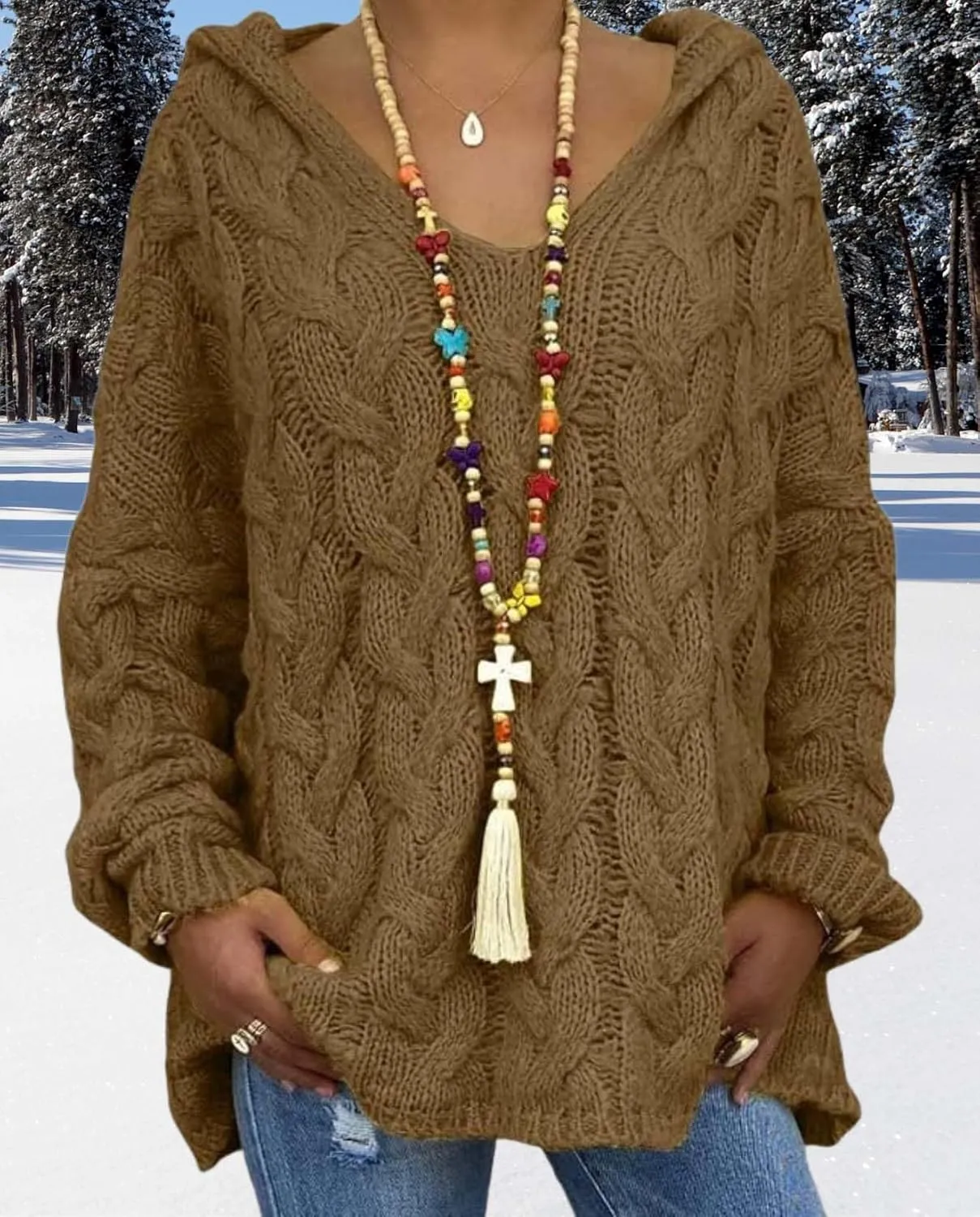 ZOCANIA Women's Oversized Chunky Cable Knit Pullover Sweaters Hooded V Neck Long Sleeve Loose Fit Sweater Hoodie for Fall
