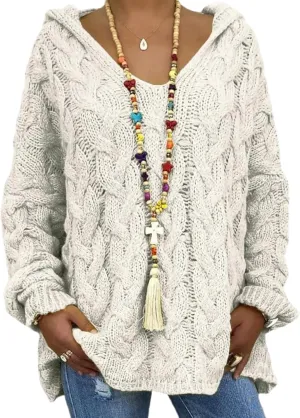 ZOCANIA Women's Oversized Chunky Cable Knit Pullover Sweaters Hooded V Neck Long Sleeve Loose Fit Sweater Hoodie for Fall