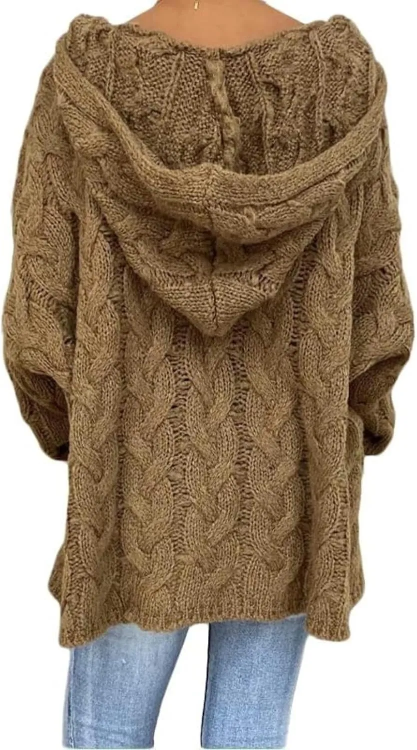 ZOCANIA Women's Oversized Chunky Cable Knit Pullover Sweaters Hooded V Neck Long Sleeve Loose Fit Sweater Hoodie for Fall