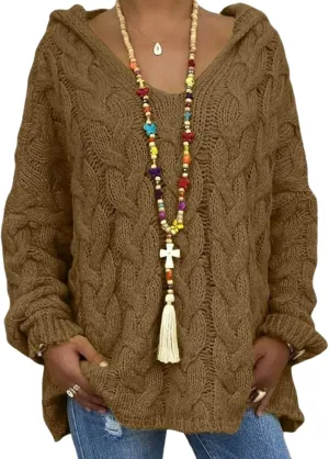 ZOCANIA Women's Oversized Chunky Cable Knit Pullover Sweaters Hooded V Neck Long Sleeve Loose Fit Sweater Hoodie for Fall